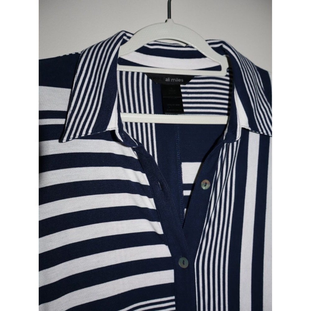Coastal Nautical Ali Miles Tunic Top S Navy White Striped Colorblock Button Down - Picture 3 of 8